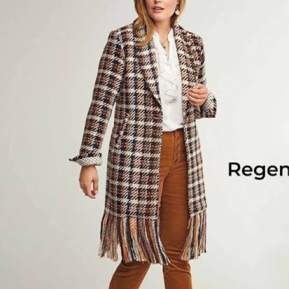 CAbi Multi-Color Plaid Fringe Coat